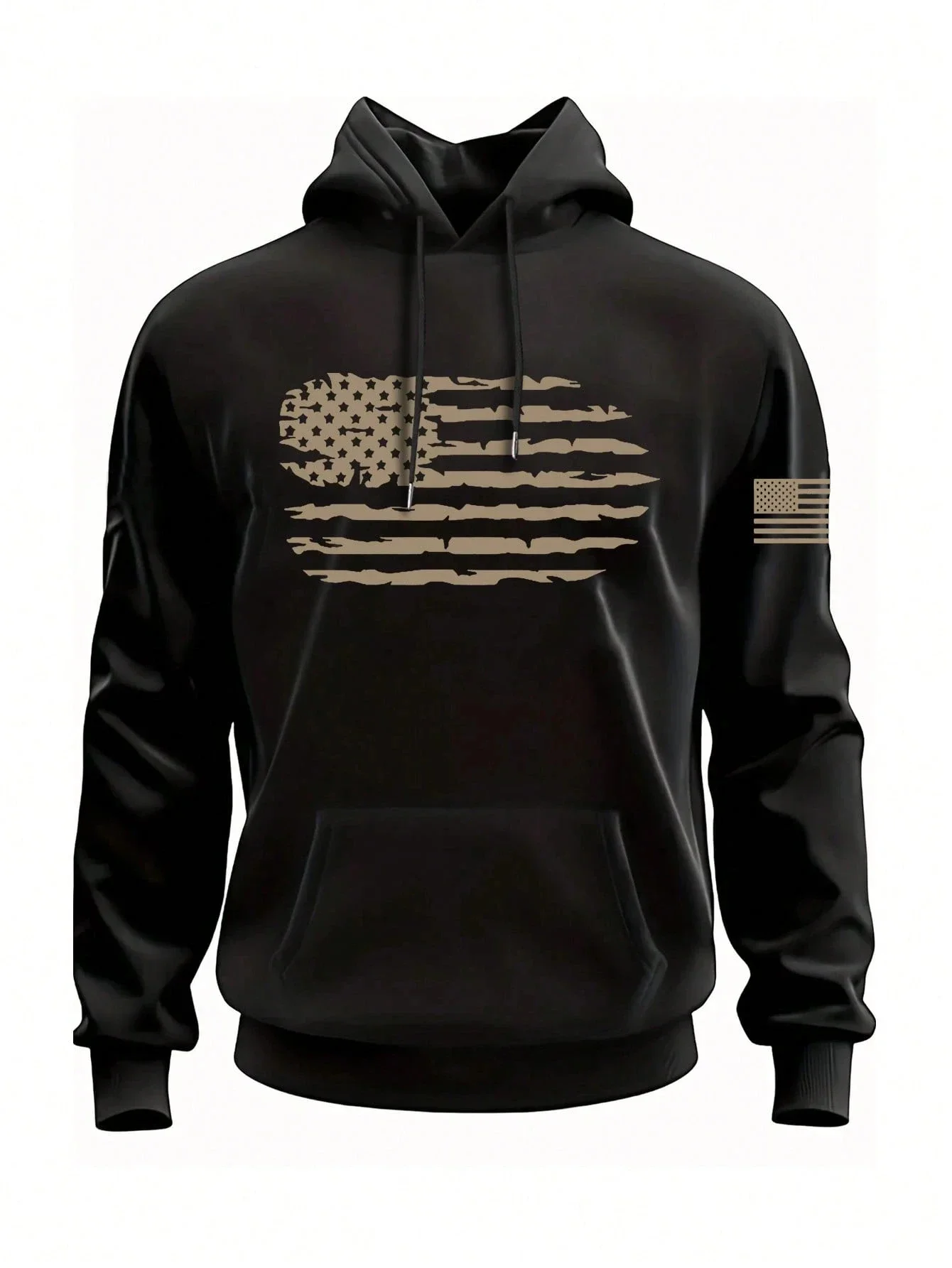 Men’s Distressed American Flag Pullover Hoodie, Tactical Vintage USA Flag Graphic Hooded Sweatshirt with Sleeve Flag Print