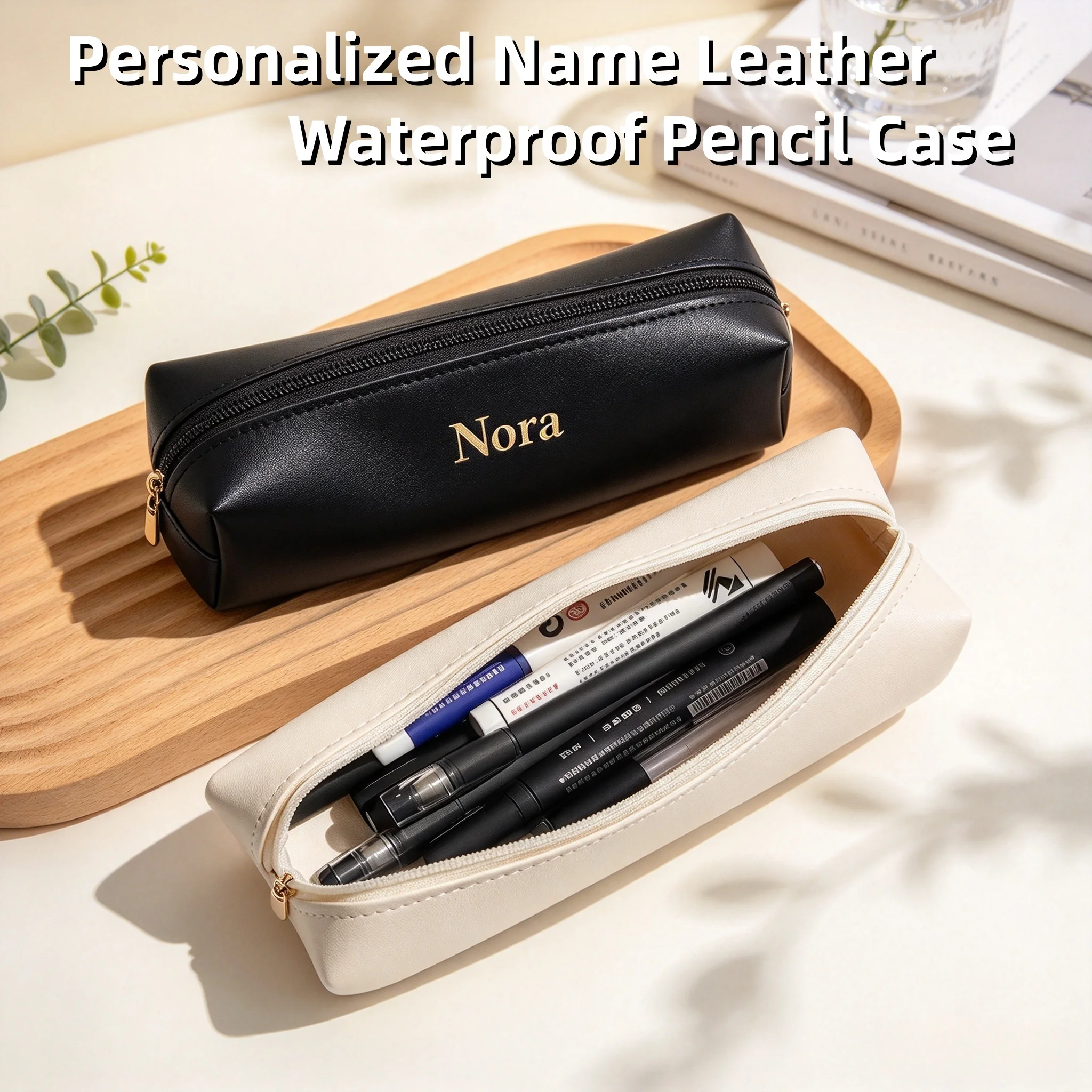 Business Office Custom Name Pencil Case Simple Student Zipper Pen Holder Engrave Initials Cosmetic Brush Storage Bag