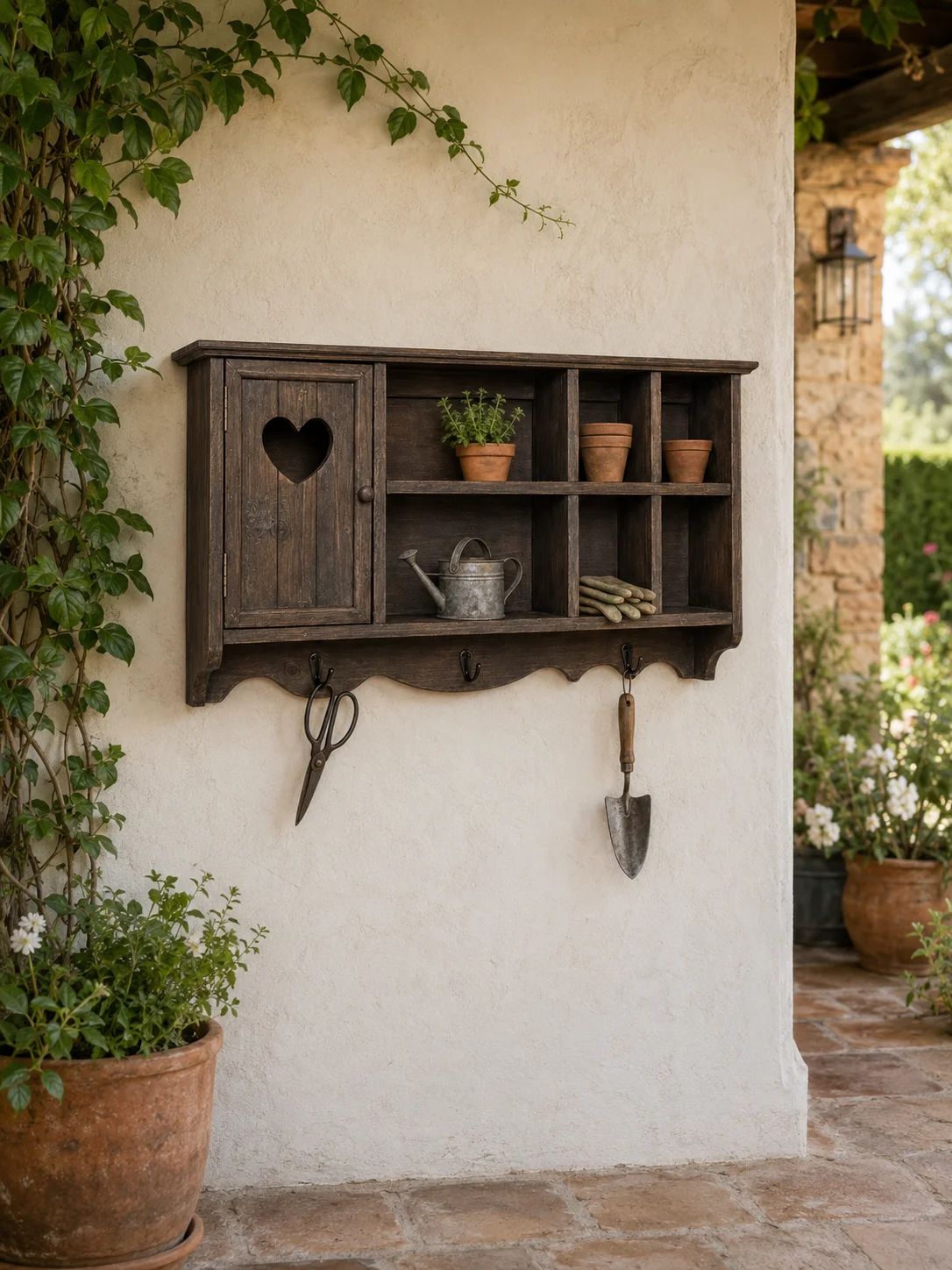 Handmade Rustic Fir Wood Wall Cabinet with Heart Cutout Door, Storage Shelves & Hooks, Vintage Indoor Outdoor Organizer