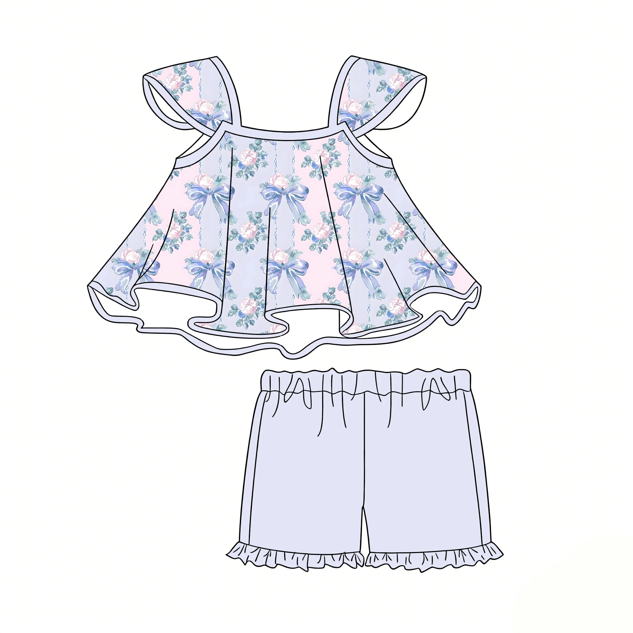 Boutique Children's Best-Seller Girls' Set Short-sleeve dress top Paired with Shorts bow flowers print Custom Wholesale
