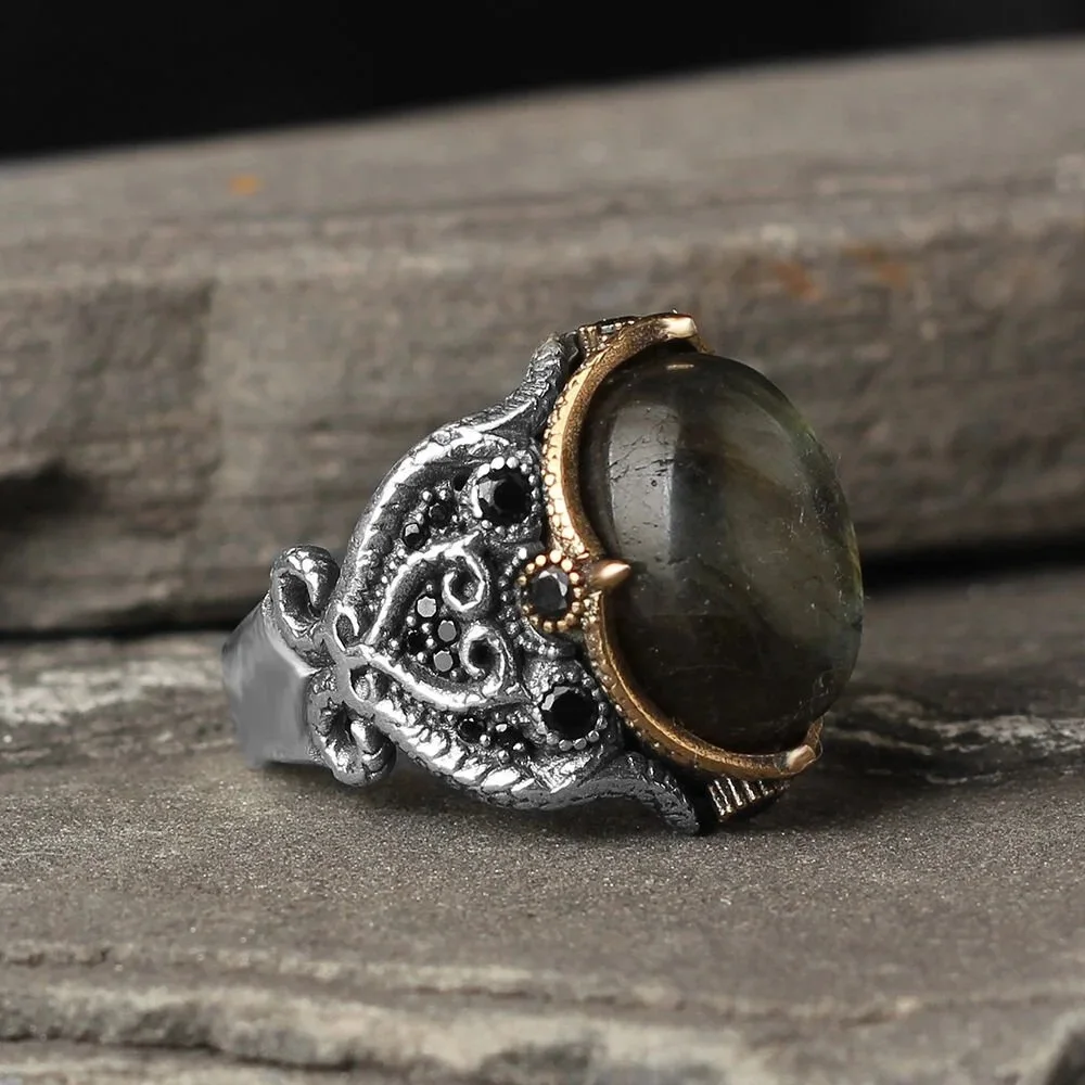 

Handmade 925 sterling silver ring for men jewelry fashion vintage gift onyx agate labradorite mens ring all sizes