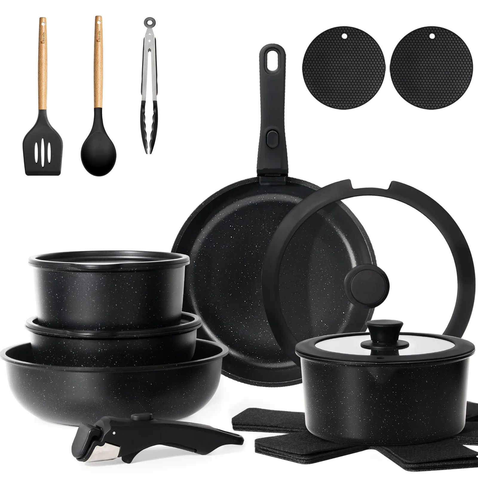 

20-piece Pots And Pans Set, KIKCOIN Non-stick Ceramic Cookware Set With Removable Handles. Space-saving, Oven, Dishwasher