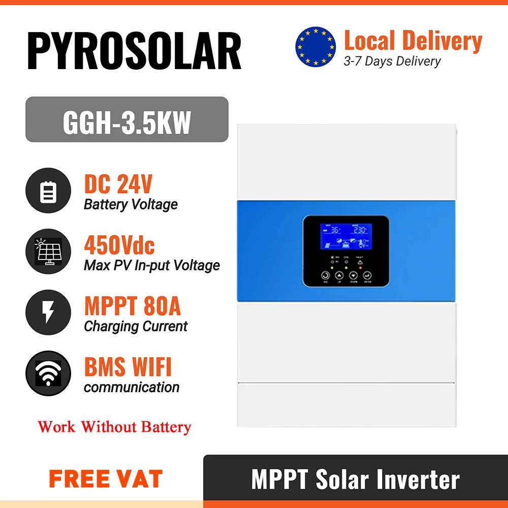 3.5KW 3500W Hybrid Solar Inverter 24V 230VAC Pure Sine Wave Off-Grid Inverter MPPT 80A Solar Charge Max PV Input Voltage 500VDC