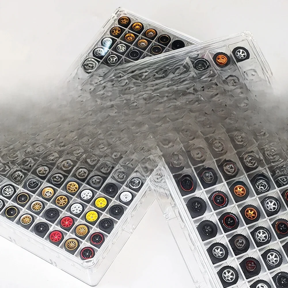 Boîte de rangement pour roues et moyeux aléatoires de voiture, modèle moulé sous pression, avec pneus en caoutchouc, pièces modifiées pour loisirs, vente en gros, roues et boîte de présentation, 1/64