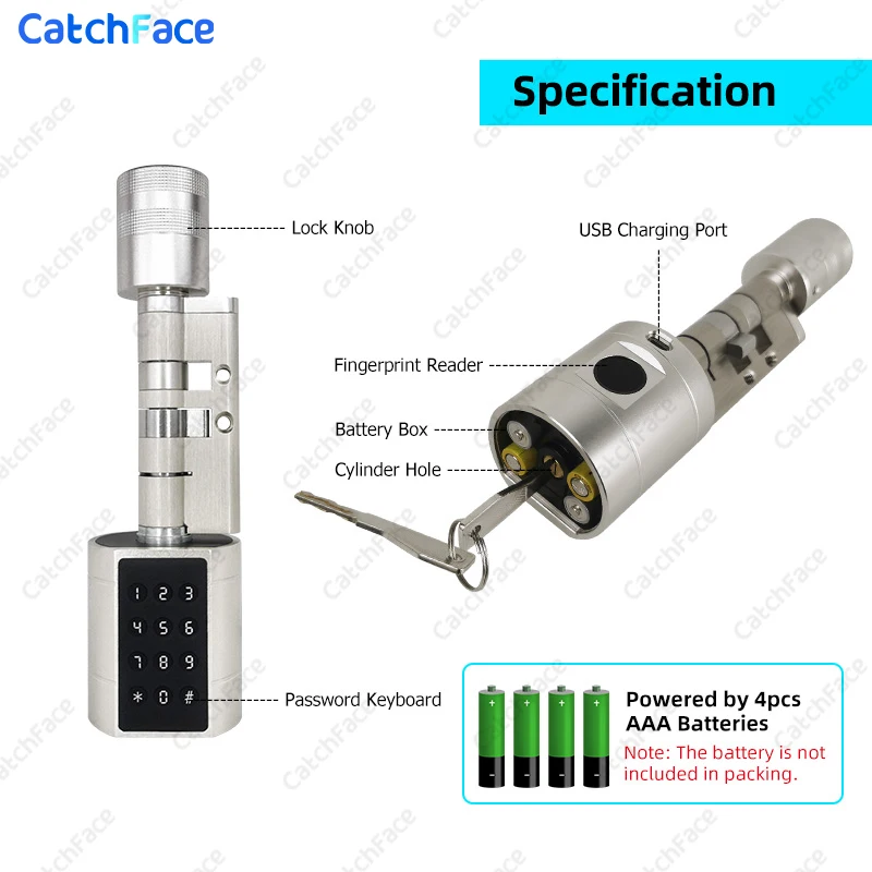 Catchfcae New Adjustable Replacement Tuya APP Fingerprint Cylinder Electronic Smart Door Lock Digital Keypad Code Keyless