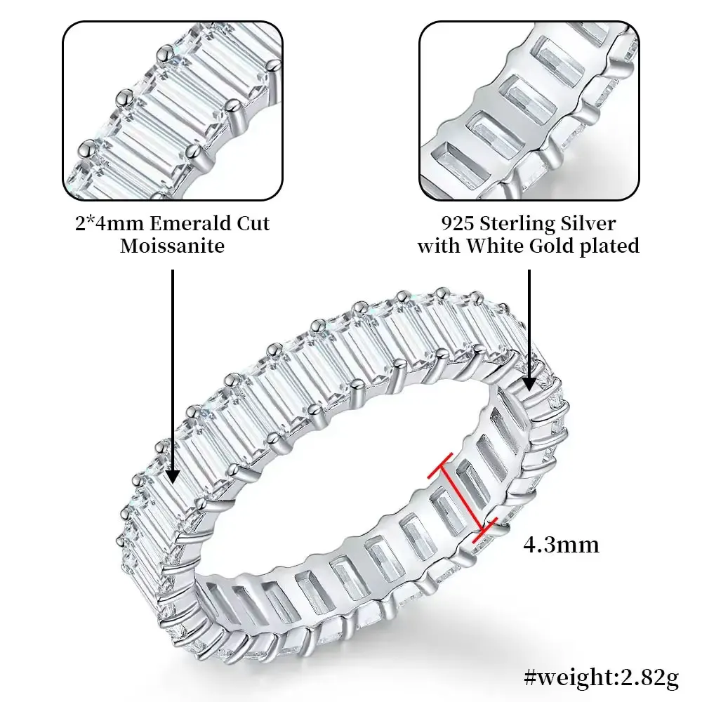Pretty Beauty Moissanite Eternity Wedding Band for Women Emerald Cut Diamond Ring S925 Silver Luxury Jewelry Anniversary Gift