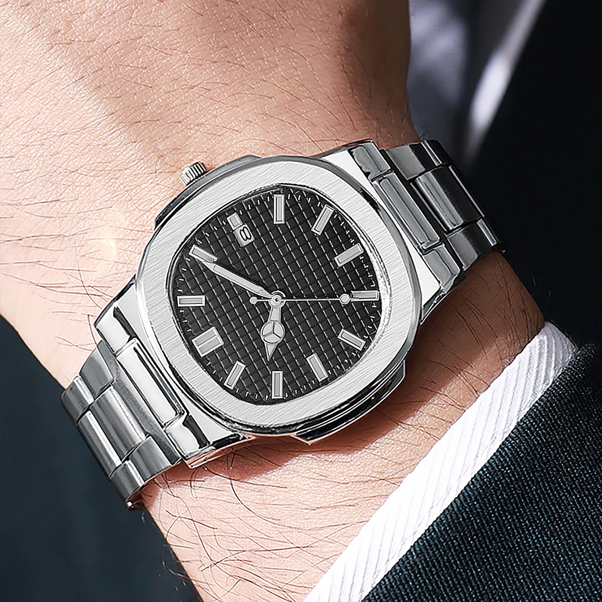 4-Piece Set, Men's Stainless Steel Square Dial Quartz Watch Set, Black Dial + Blue Dial + Green Dial + White Dial, Stylish and Business-Friendly, an Excellent Accessory for Travel and Business Trips, Suitable as a Gift.