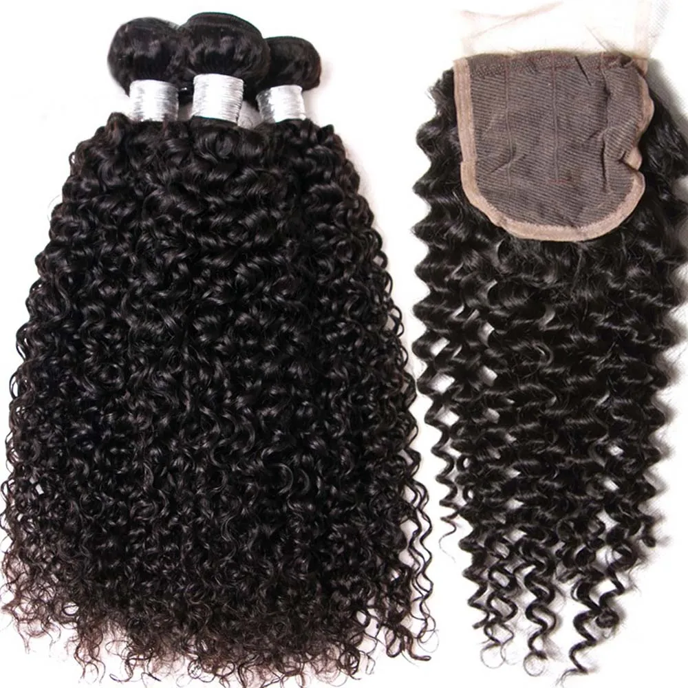 12A Peruvian Kinky Curly Bundles With Closure 3 Bundles With Closure Unprocessed Virgin Human Hair Curly Bundles With Frontal