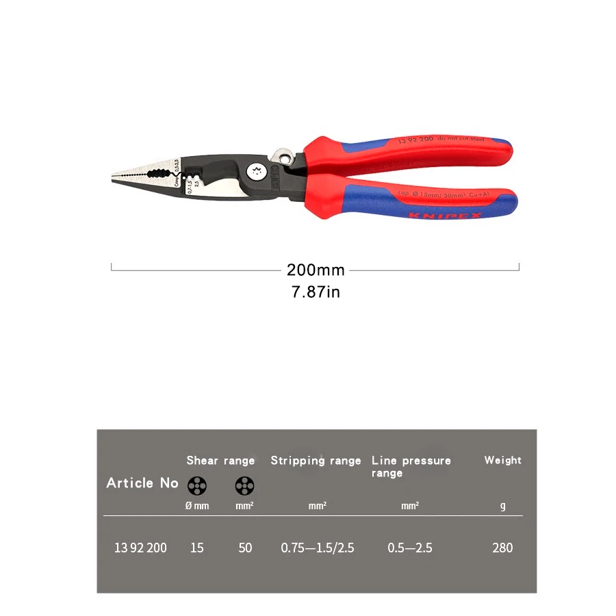 KNIPEX 13 92 200 Neddle Nose Plier Bending Deburring,Cutting Cable Stripping and Crimping Wire for Electrical Installation