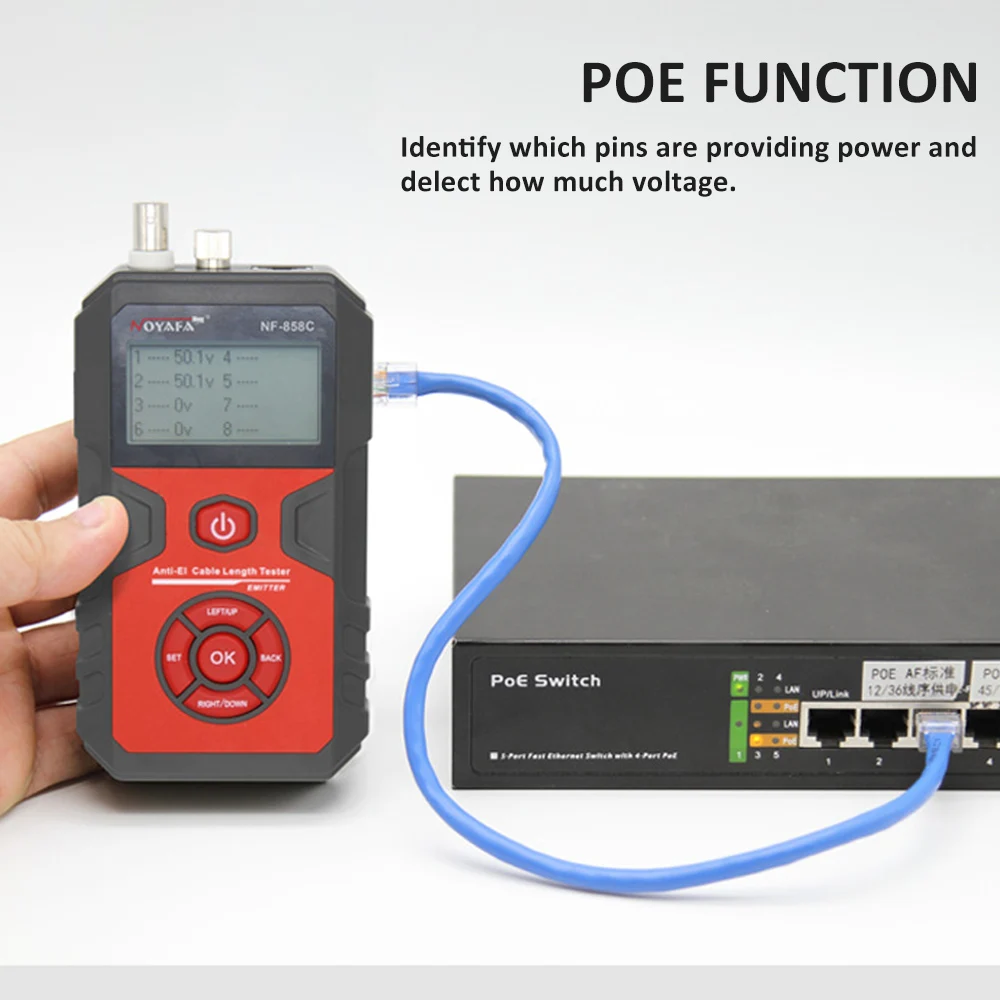 NOYAFA NF-858C Network Cable Tester Portable Cat 5 Cat 6 RJ11 BNC Cable Finder Measuring Cable Length and Breakpoints with Light