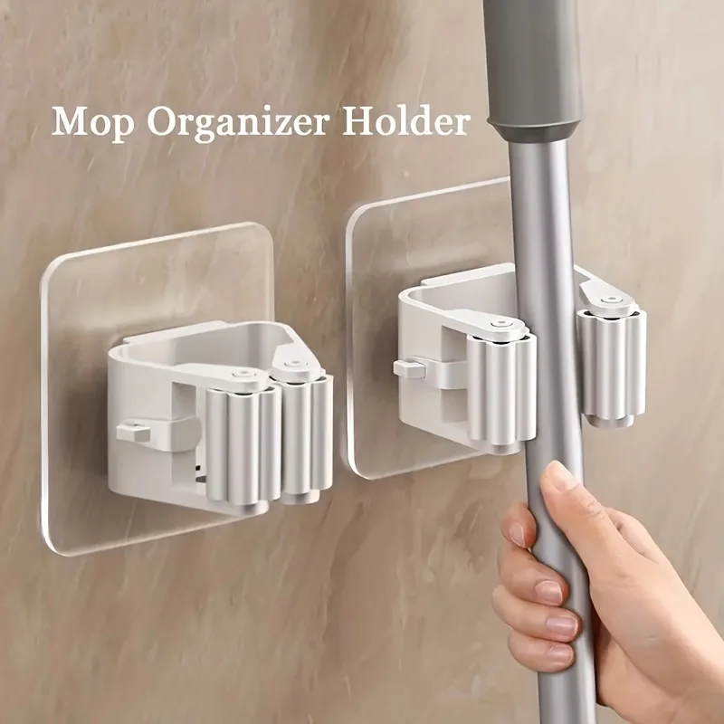 4pcs Easy-Install Wall-Mounted Mop & Broom Holder - Strong Adhesive, No-Drill Storage Rack for Home Organization