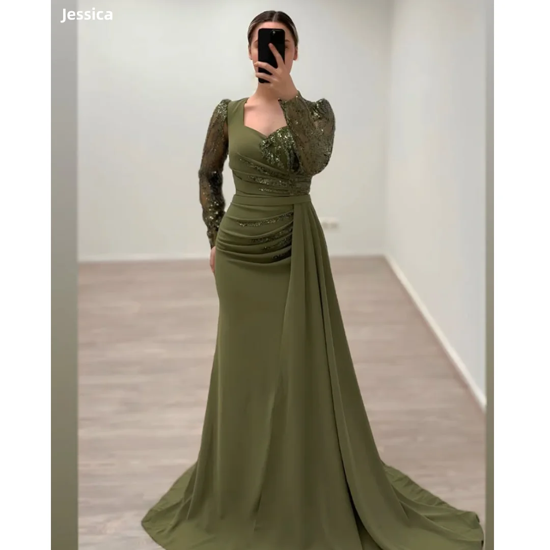 

Jessica Dark Green Evening Dresses Lace Sequined Long Sleeves Prom Dresses Slim Fit With Four-way StretchWedding Party Dresses