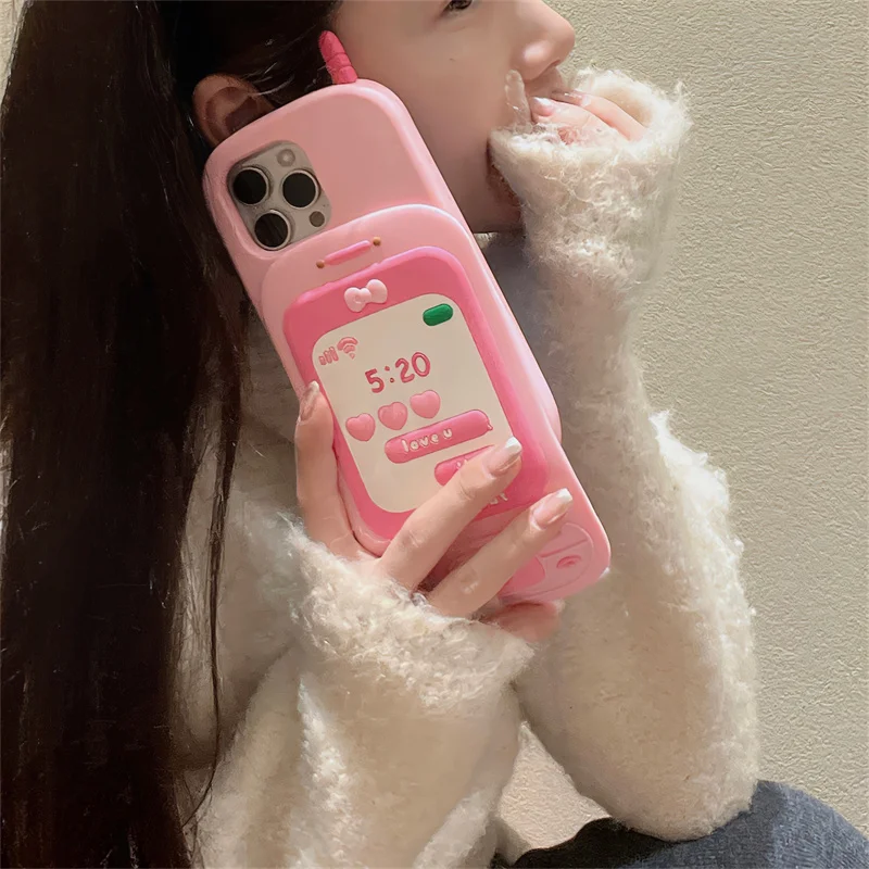 Cute 3D hot pink bow mobile phone model Push-pull mirror silicone case iPhone 16 15 Pro 14 13 Pro Max shockproof soft cover gift