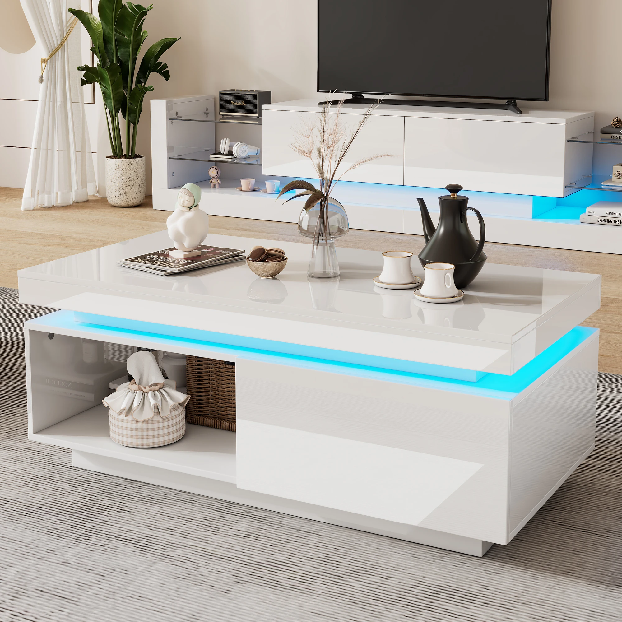 Table basse moderne à LED haute brillance, meuble de salon, table d'appoint de canapé avec tiroir et étagère