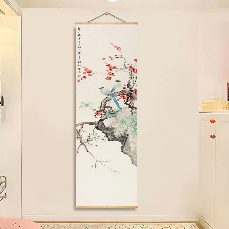 Traditional Chinese flower bird red plum blossom, emerald bamboo, longevity stone hanging paintings, elegant home decoration