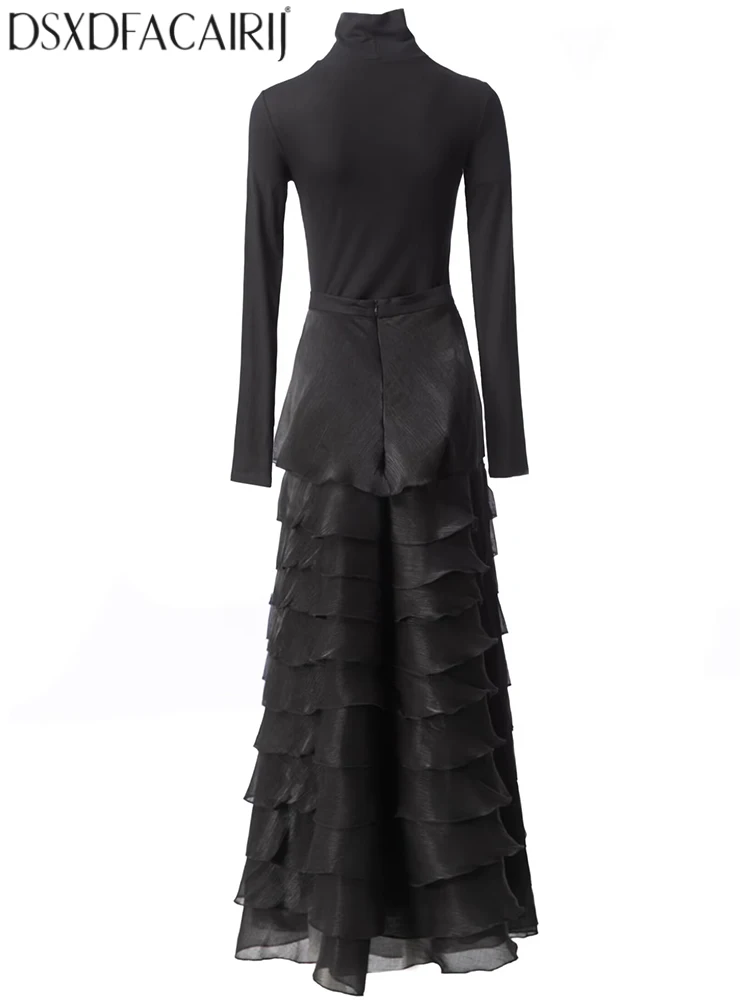 DSXDFACAIRIJ Women's High-Street 2-Piece Set with Turtleneck Long Sleeve Top And Layered Ruffle Long Skirt in Black for Autumn