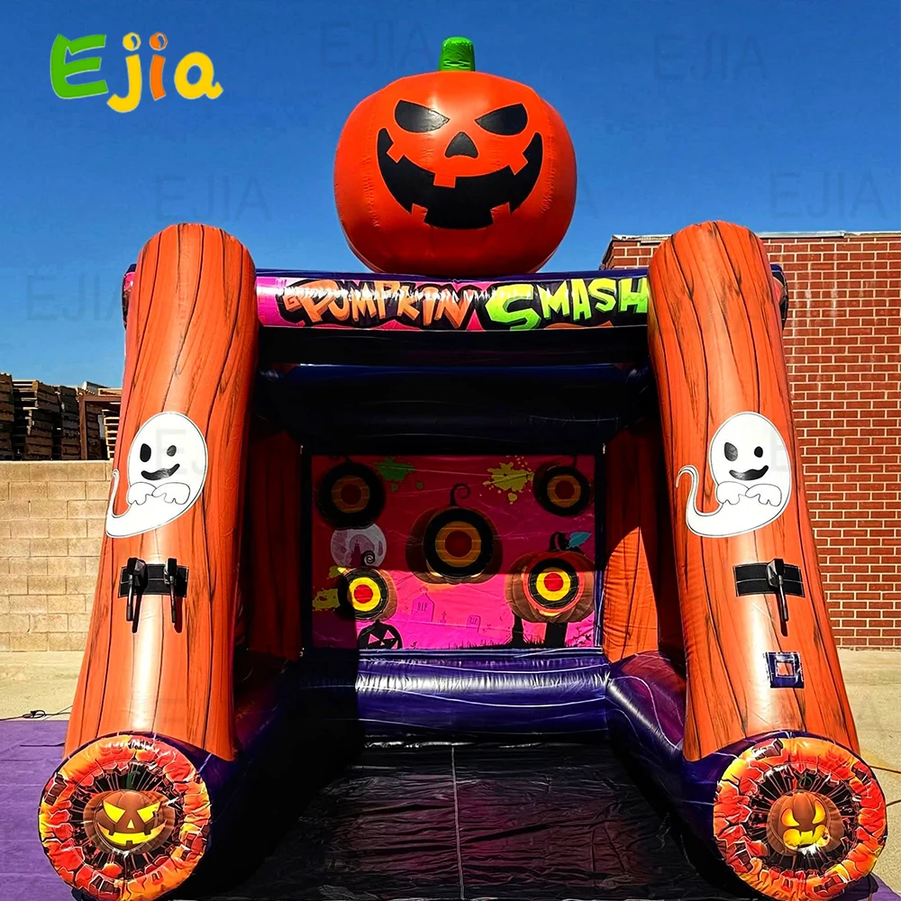 Komercyjne, zabawne, interaktywne elementy na Halloween, karnawał, na zewnątrz, dmuchane atrakcje, gry w rzucanie toporami, dmuchane dynie na Halloween, topory.
