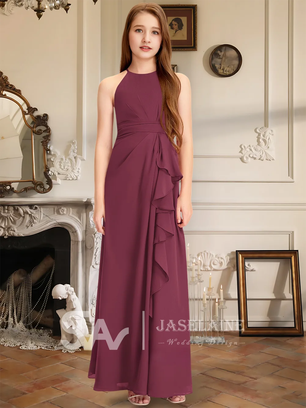 Шифоновое платье с лямкой на шее и каскадными оборками длиной до пола, платье подружки невесты для юниоров, платье с цветочным узором для девочек, вечерние платья для девочек, свадебное торжественное платье