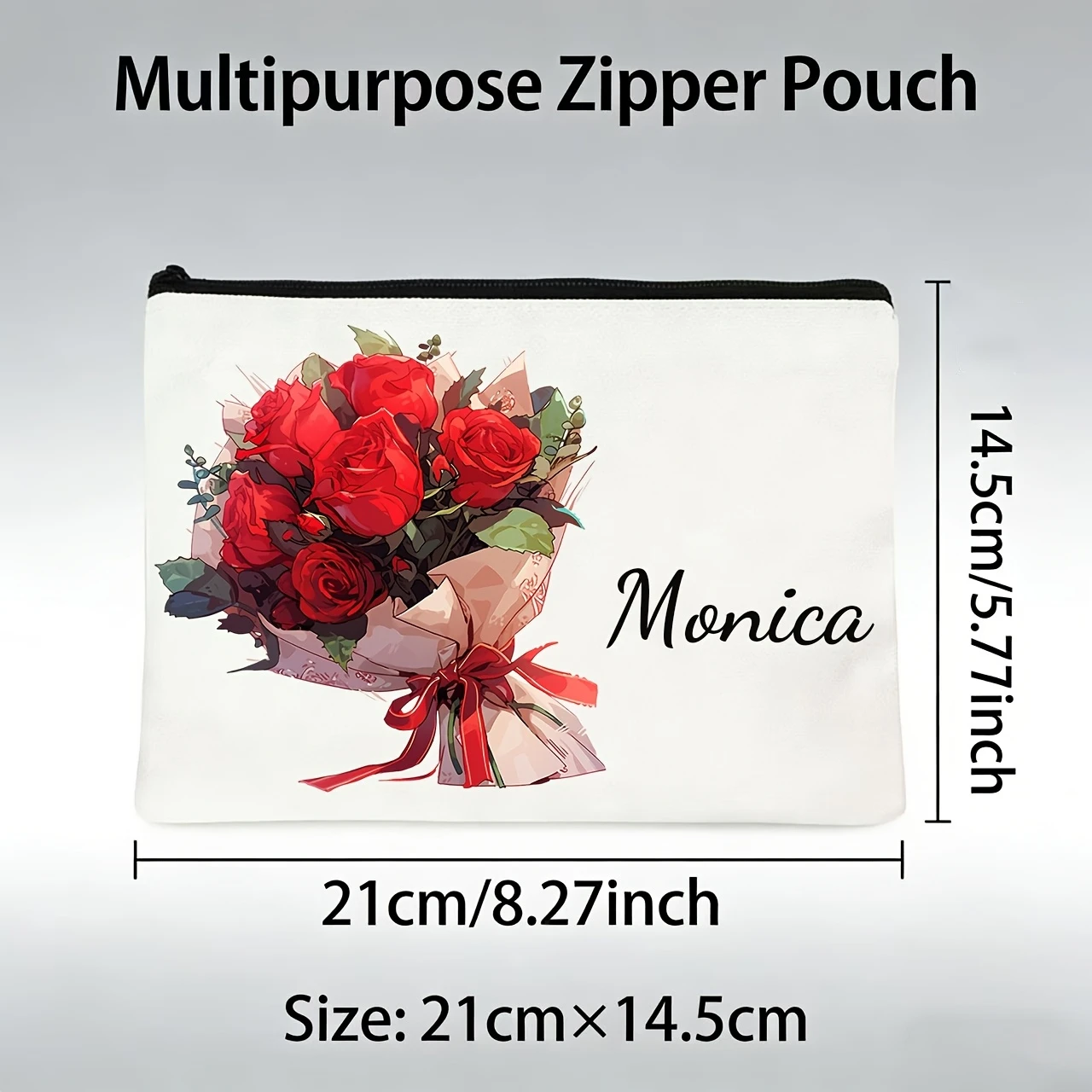 Personalized Makeup Bags, Customizable with Your Name, Featuring a Delicate Red Rose Bouquet Print for a Romantic Vibe.