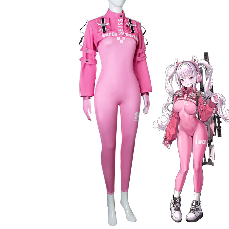 

Nikke Alice Cosplay Costume Goddess of Victory Alice Pink Bodysuit Latex Jumpsuit Jacket Suit
