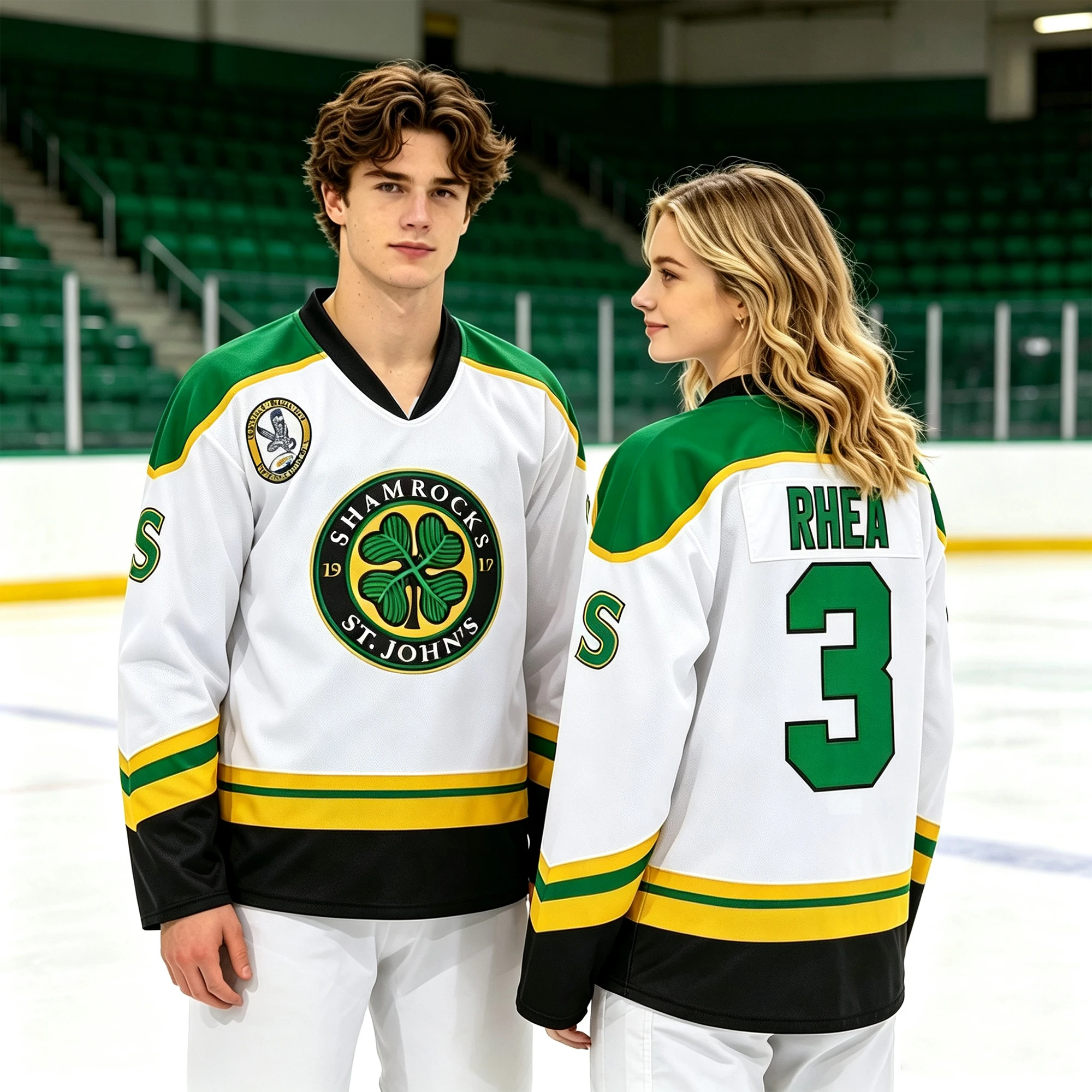 Unisex #3 Ross The BOSS Rhea's Shamrocks Stitched White Hockey Jersey With EMHL Patch，Sports Casual Hockey Uniform Holiday Gift