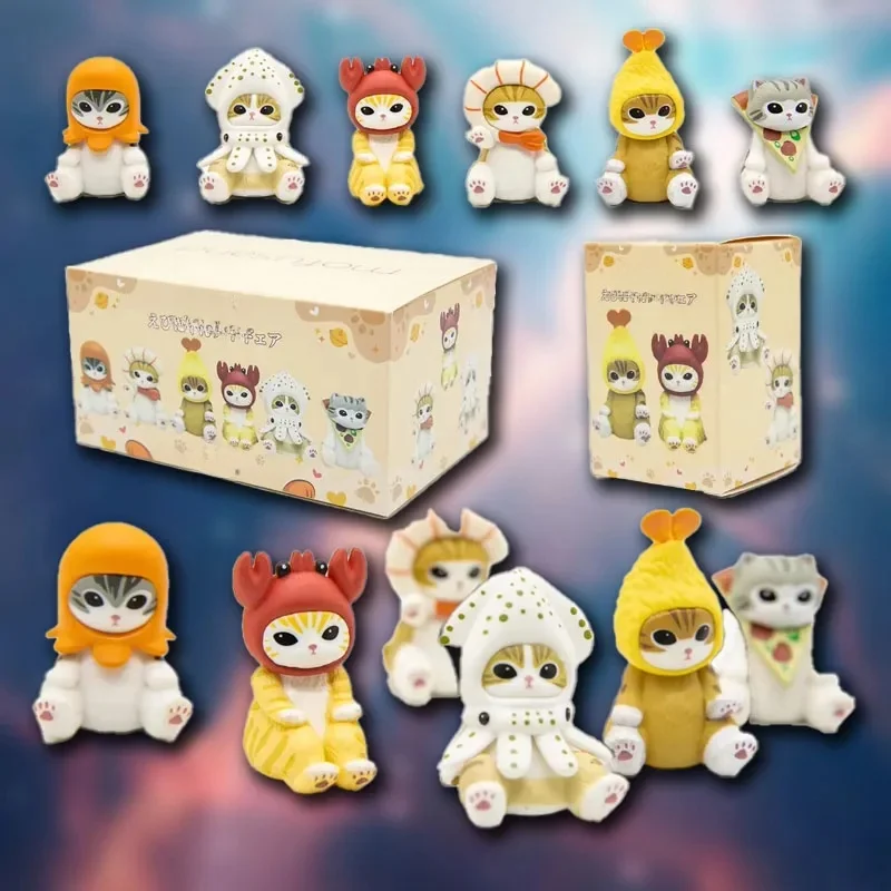 Jolis chats Mofusand mignons portant des vêtements de fruits de mer, chaton, crevettes frites, copeaux de calmar grillé, boîte aveugle, modèle de jouet, ornements de collection