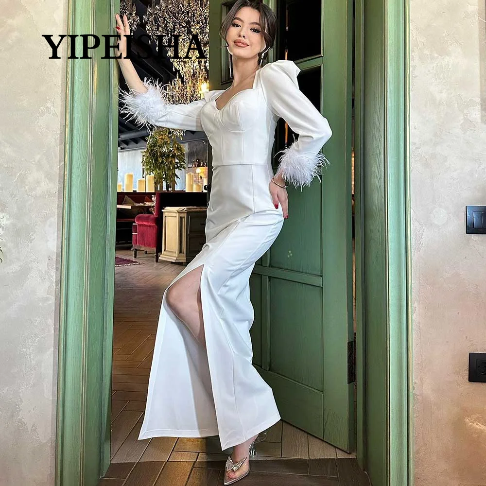 Customized Sexy High Slit Prom Dresses Satin V-Neck Long Sleeved With Feather Floor Length Sheath Draped Women's Temperament Par