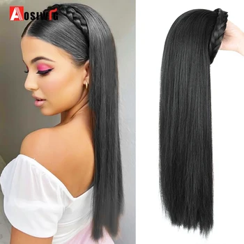 AOSIWIG סינטטי ארוך גלי פאת סרט שחור חום נשים של עם טוויסט צמת גומייה לשיער אביזרי טבעי חצי פאה