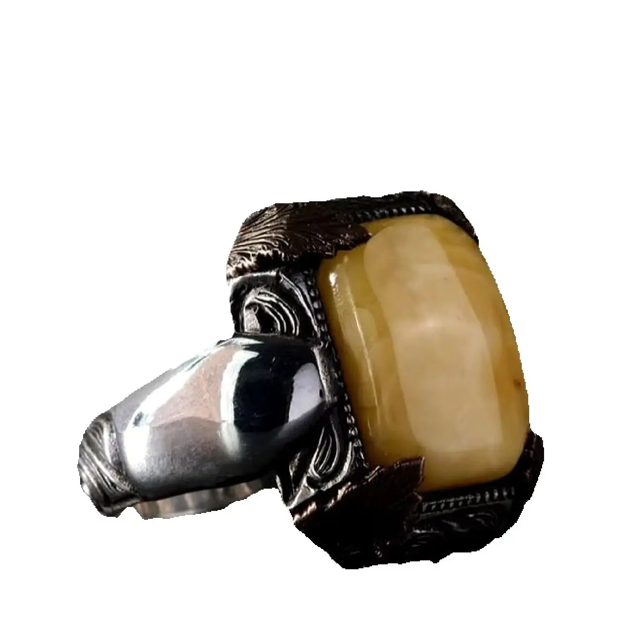 

Original Natural Stone Drop Amber Sterling Silver Men's Ring, Adjustable Jewelry, Gifts for Men, Yellow Ring, Gemstone Handmade