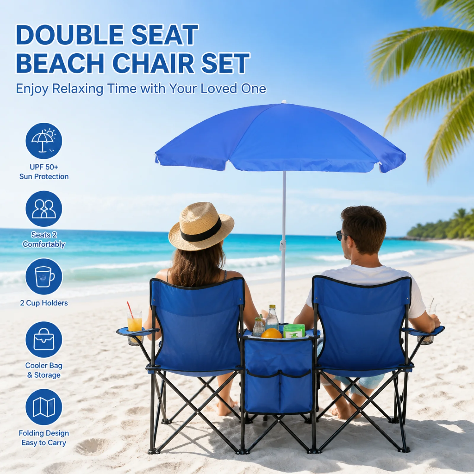 Foldable Double Camping Chair Loveseat with Cooler Bag for Outdoor Beach Picnic Fishing Sports Portable Double Seat