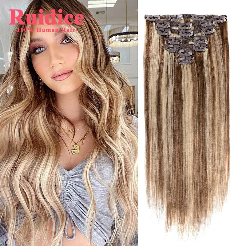 Balayage Human Hair Clip in  Extensions Natural Human Hair Chestnut Brown with Blonde Brazilian Straight Hair Clip in Hairpieces