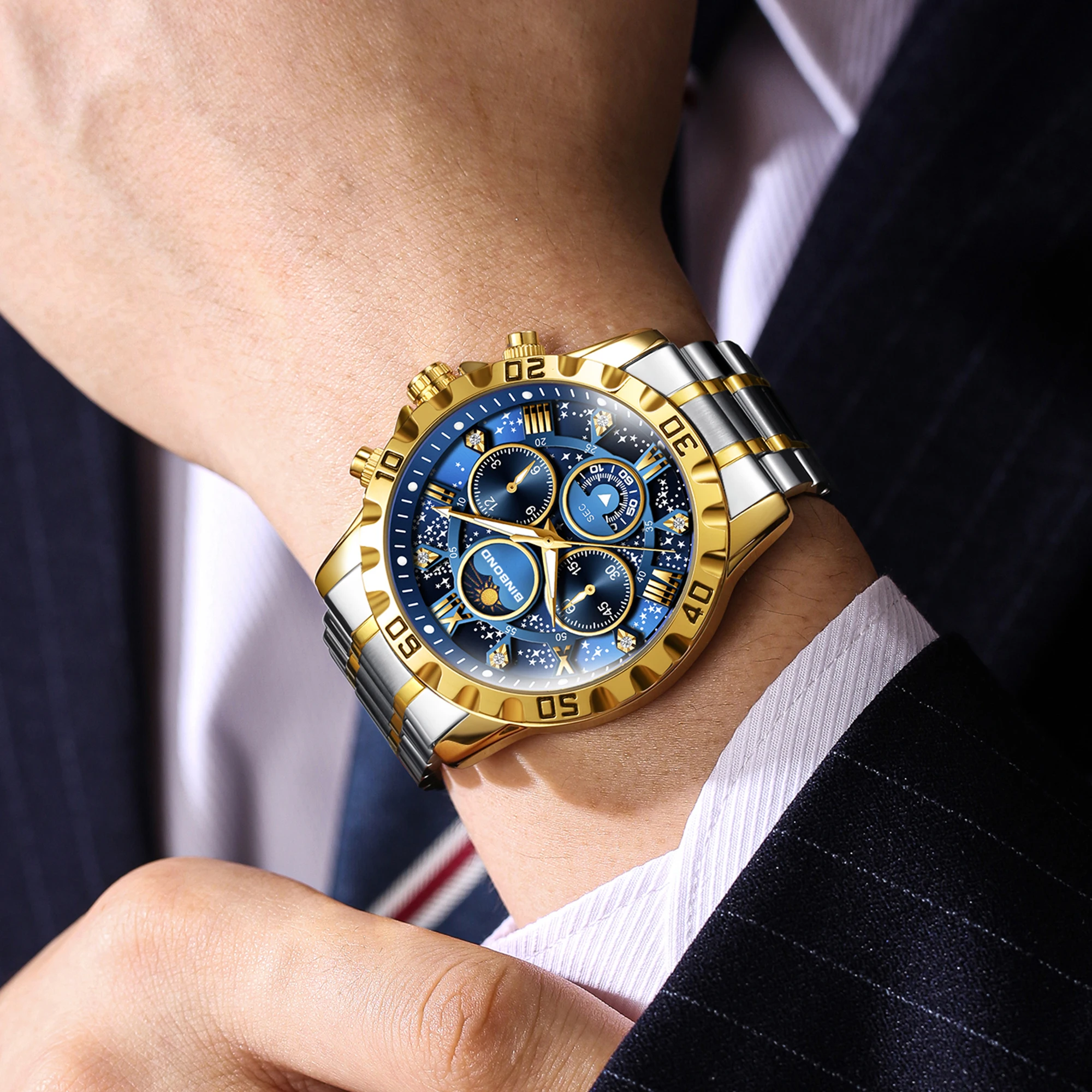 BINBOND Top Luxury Men's Watch Waterproof Night Light Chronograph Men's Quartz Watch Stainless Steel Casual Sports Men's Watch