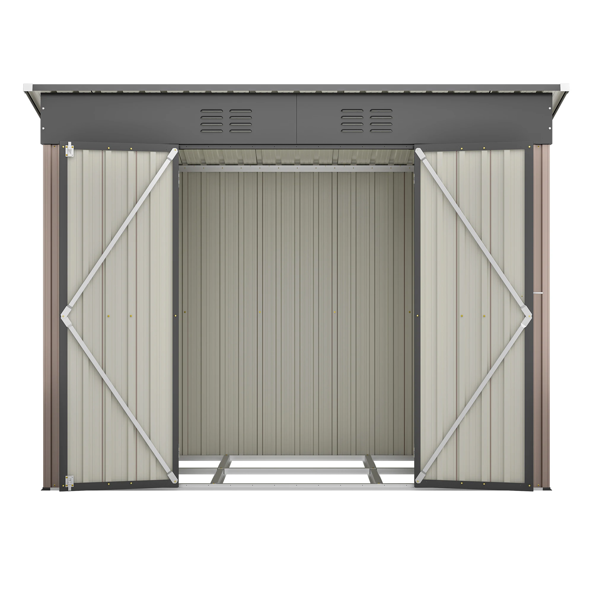 Caseta de jardín metálica de 8x4 pies con estructura de base. Caseta de Almacenamiento para Herramientas de Exterior Resistente a la Intemperie para Jardín y Patio, Color Marrón (Sin Piso)