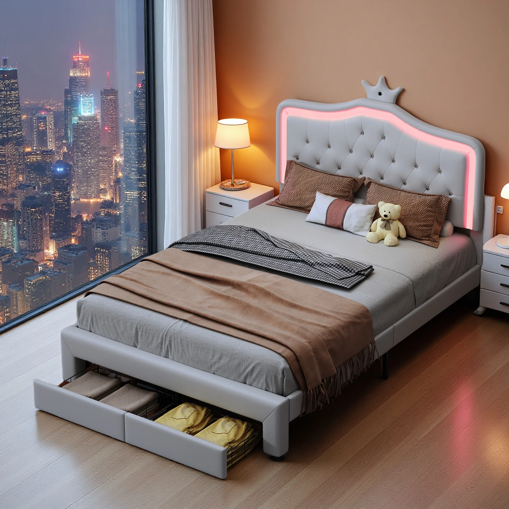 Letto matrimoniale con luci a LED, letto per bambini con testiera regolabile in altezza e 2 cassetti, letto generico per bambine con decorazione a corona, materasso non incluso, PU, ​​bianco