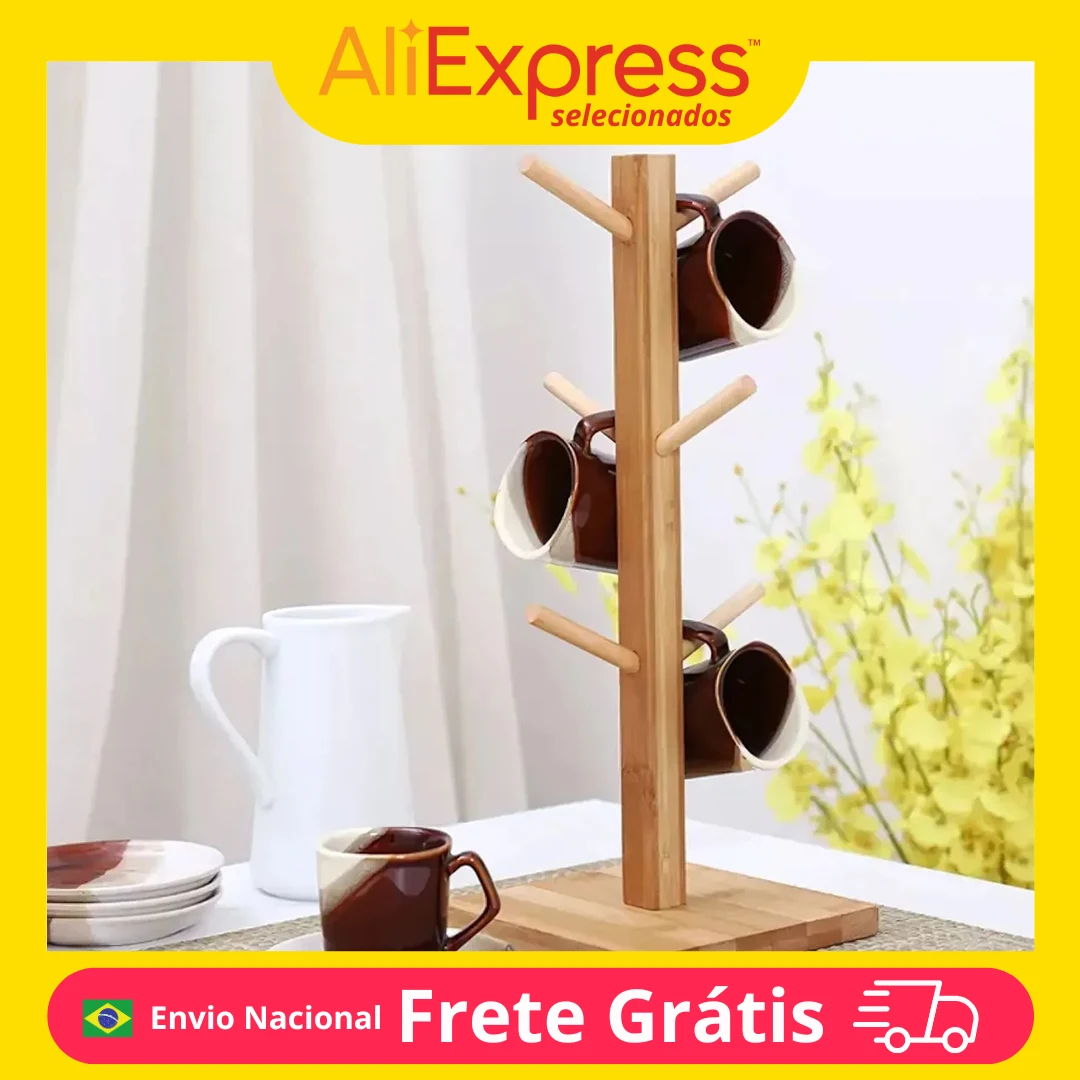 Portavasos de bambú de 6 vástagos, portavasos Vertical para tazas, portavasos para tazas de café de cocina