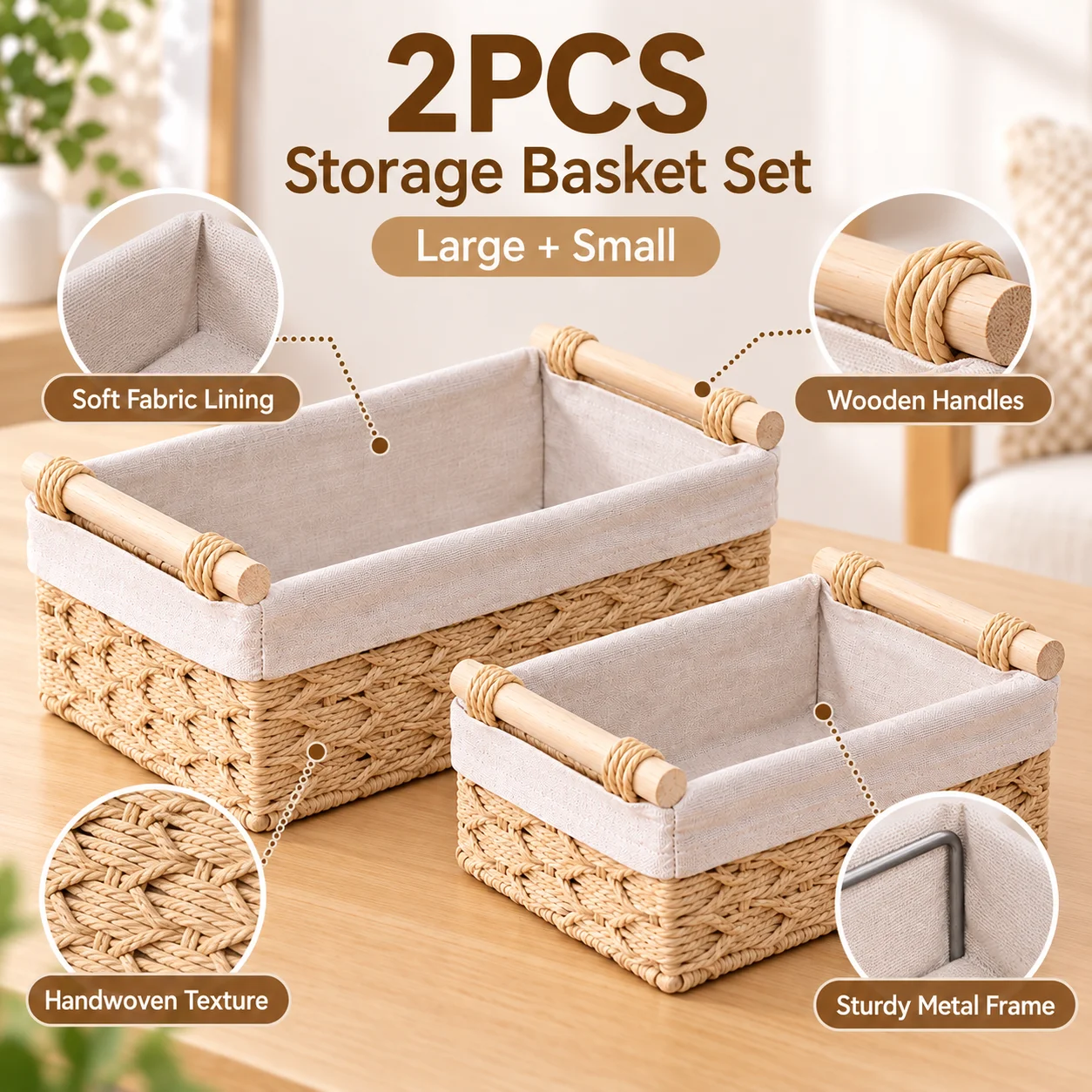 2PCS Woven Storage Basket Set, Large & Small Fabric-Lined Organizer Bins with Wooden Handles for Shelves, Nursery and Home