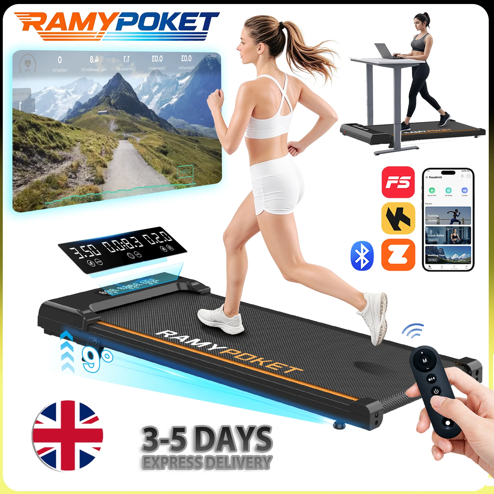 RAMYPOKET Foldable Walking Pad With 9% Incline Silent Motor Smart APP  1–8KM/H 120KG  Capacity Treadmill for Home Office