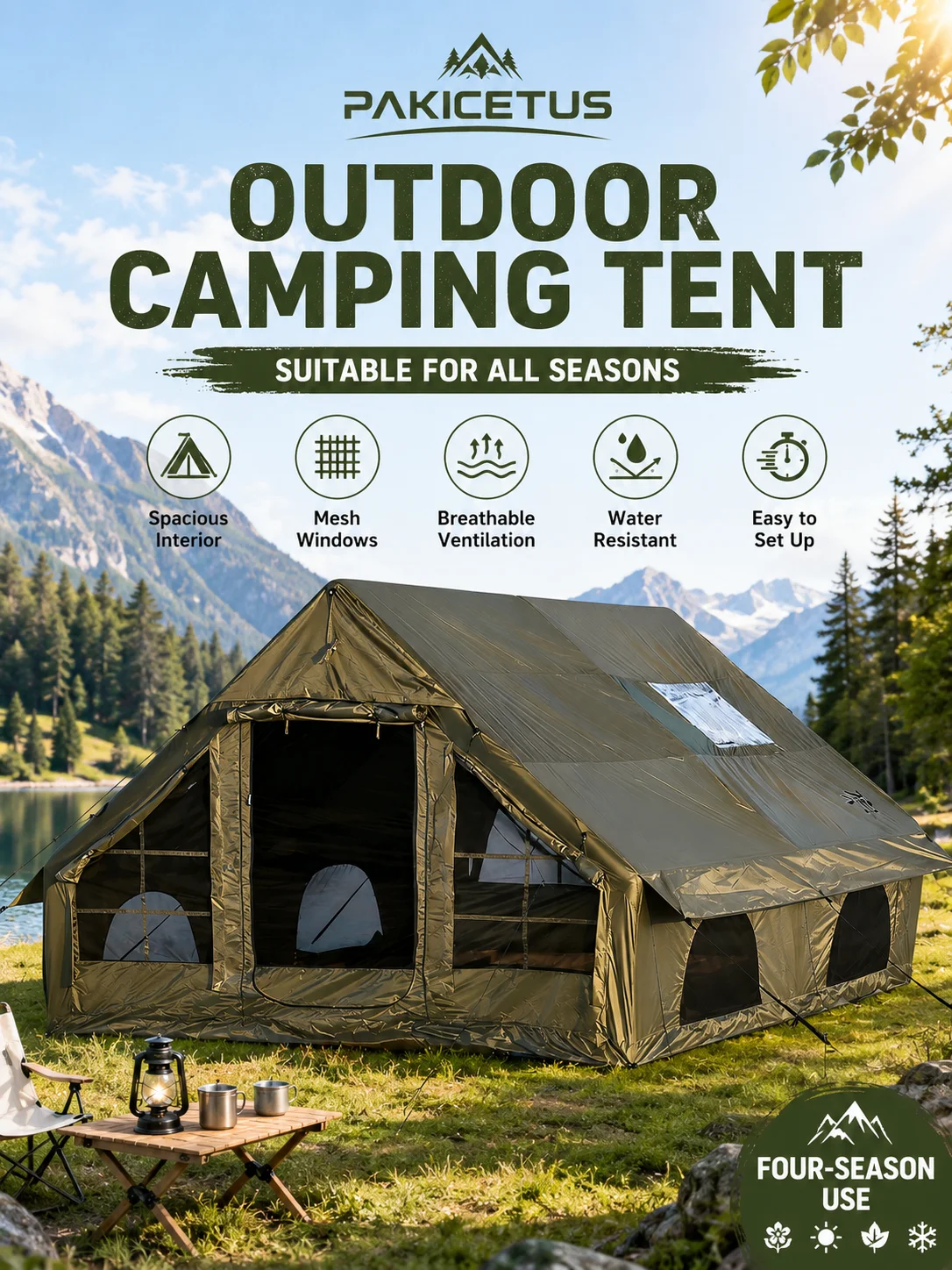 PAKICETUS Aufblasbares Campingzelt, Familien-Luftzelt für 4 Jahreszeiten mit Ofenrohranschluss, winddichtes, isoliertes, selbsttragendes Outdoor-Zelt mit Fenstern, einfach aufzubauendes tragbares Zelt