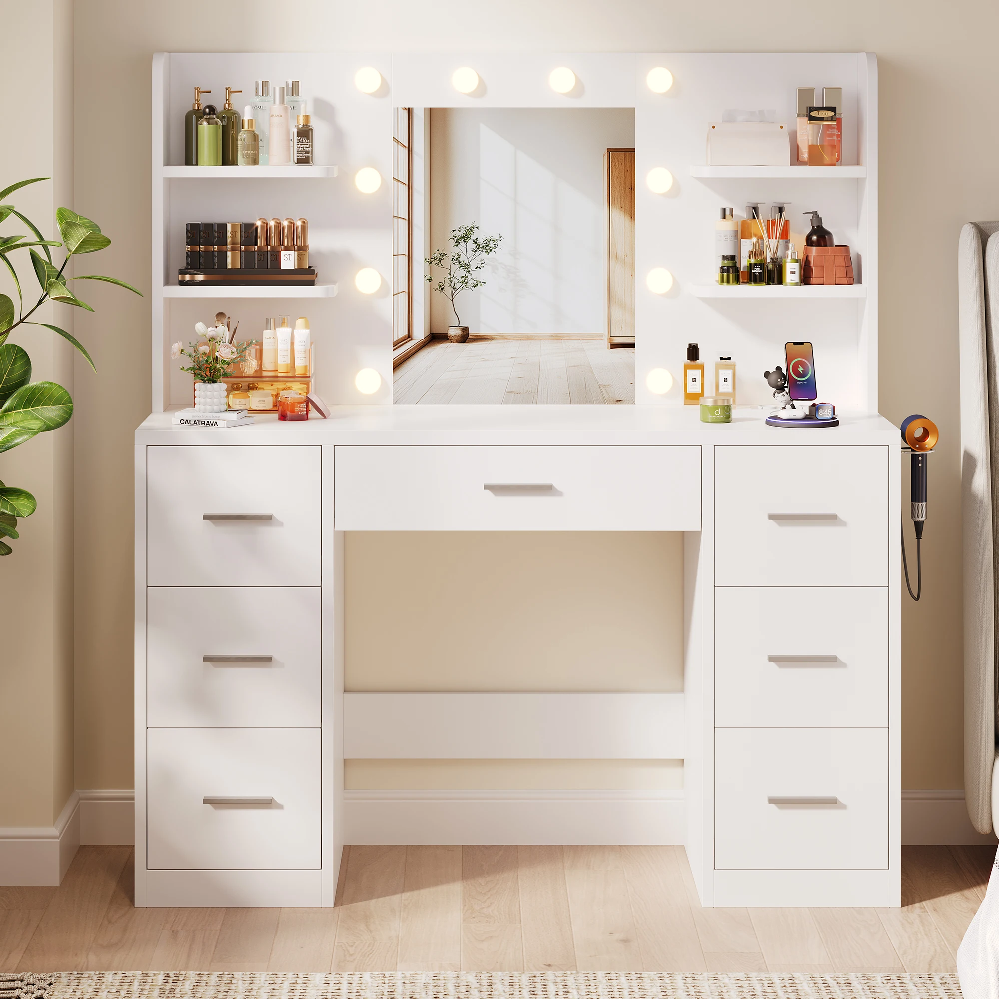 Homall Grande coiffeuse avec éclairage LED et prise, luminosité réglable, coiffeuse avec miroir, 7 tiroirs