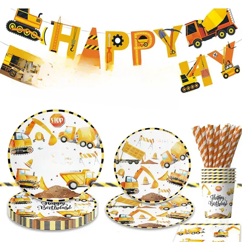Graafmachine Truck Bouwfeest Plaat Cup Servies Happy Birthday Party Decor Kids Favor Jongens Verjaardag Babyshower Benodigdheden - afbeelding 2