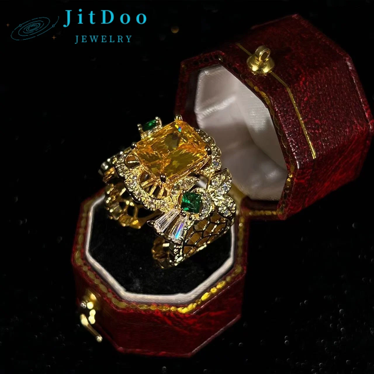 JitDoo Luxury Unique Zathene Hollow Rings Vintage Jewelry For Women Wedding Crystal CZ Dubai Bridal Jewelry Gift Drop Shipping