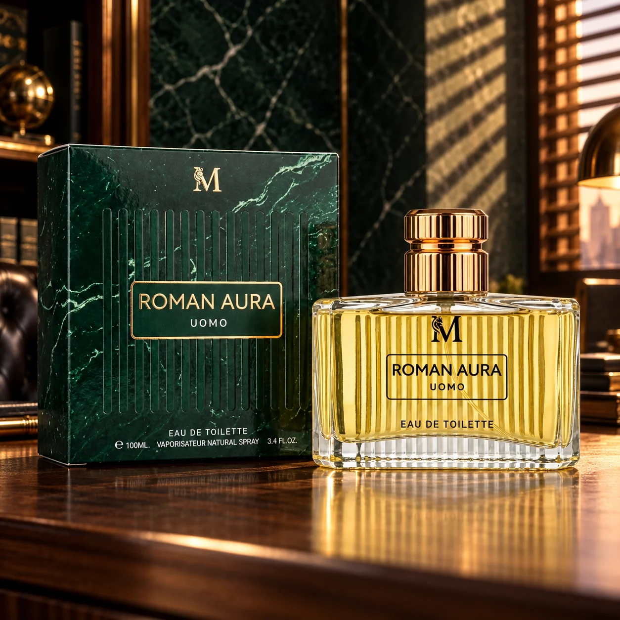 Roman Aura Uomo de Montage Brands, 100 ml. Parfum pour homme EDT, fragrance citronnée aromatique et fraîche avec des notes de limonène, de linalool, de géraniol, de citronellol, de coumarine, de citral et d'hydroxycitronellal