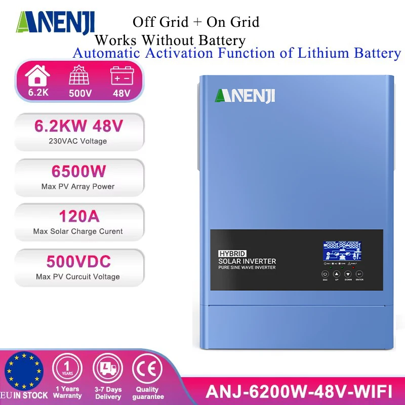 Onduleur solaire hybride à onde sinusoïdale pure, chargeur solaire MPPT, hors réseau, sur réseau, long, 230V, 500V, 6,2 KW, 4,2 KW, 24V, 48V, 120A, 100A