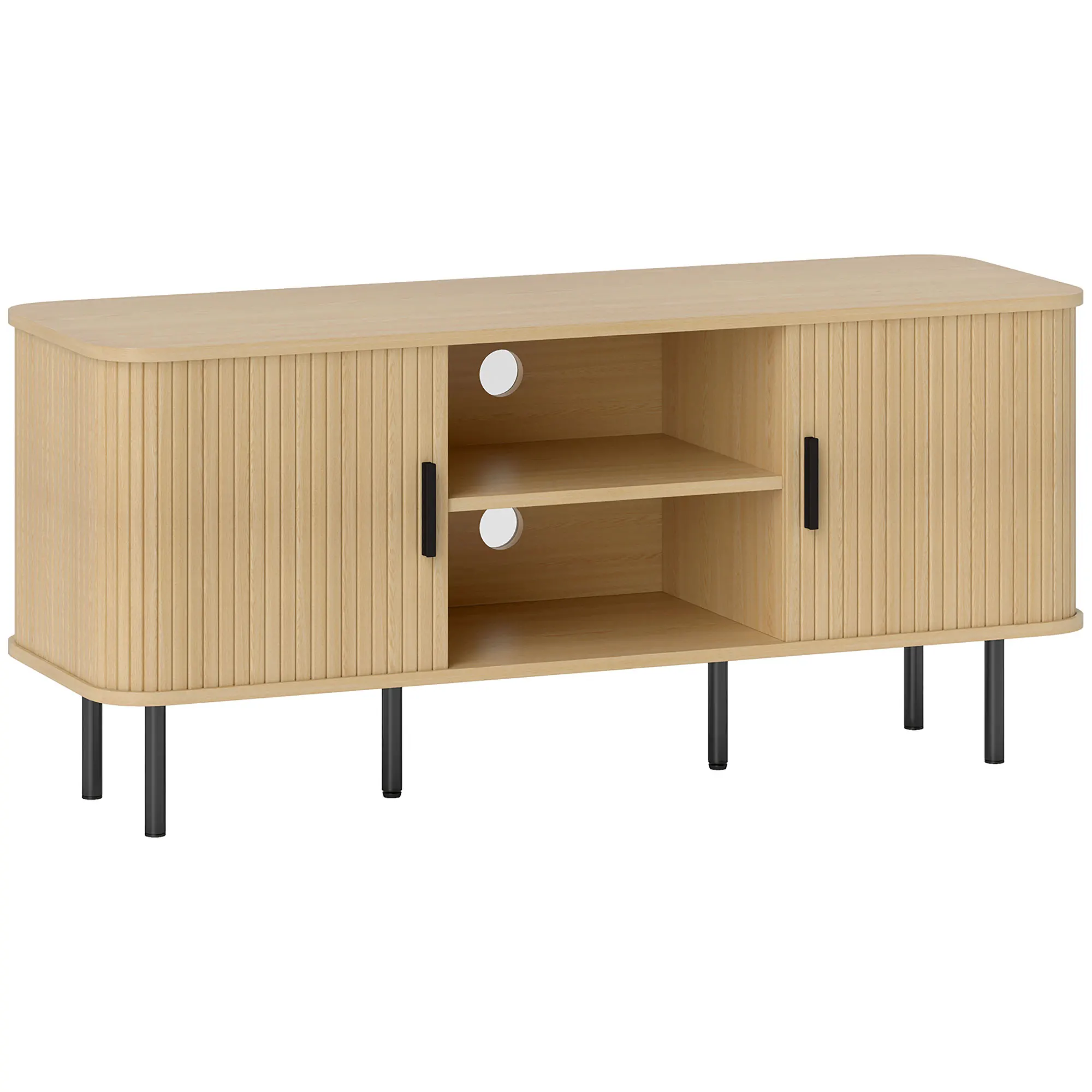 Mueble para TV de 120 cm en tono roble, unidad de TV nórdica con puertas acanaladas, almacenamiento abierto y cerrado, compatible con televisores de hasta 55 pulgadas, consola de entretenimiento moderna para sala de estar o apartamento.