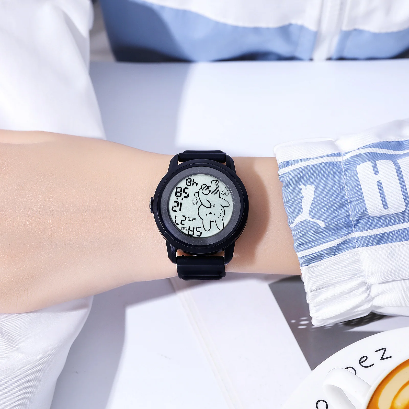 SKMEI relojes digitales deportivos con patrón de conejo de dibujos animados para niños y niñas, reloj de pulsera con luz trasera, reloj despertador