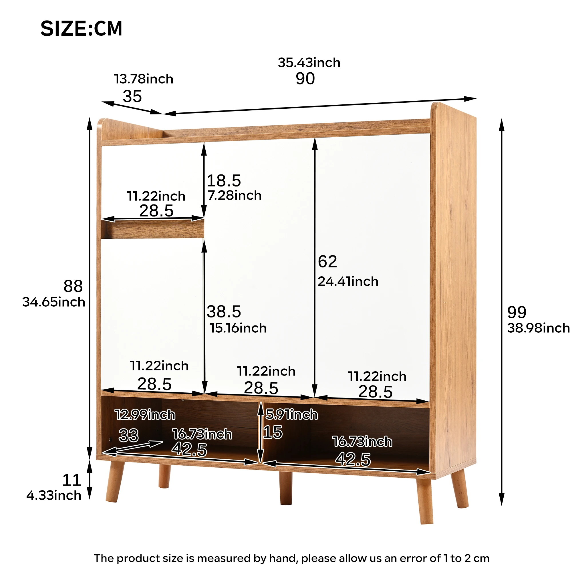 خزانة ملابس، بوفيه، أثاث أحذية مع أرفف قابلة للتعديل، أقدام خشبية صلبة، ارتفاع 99 سم × طول 90 سم × عمق 35 سم