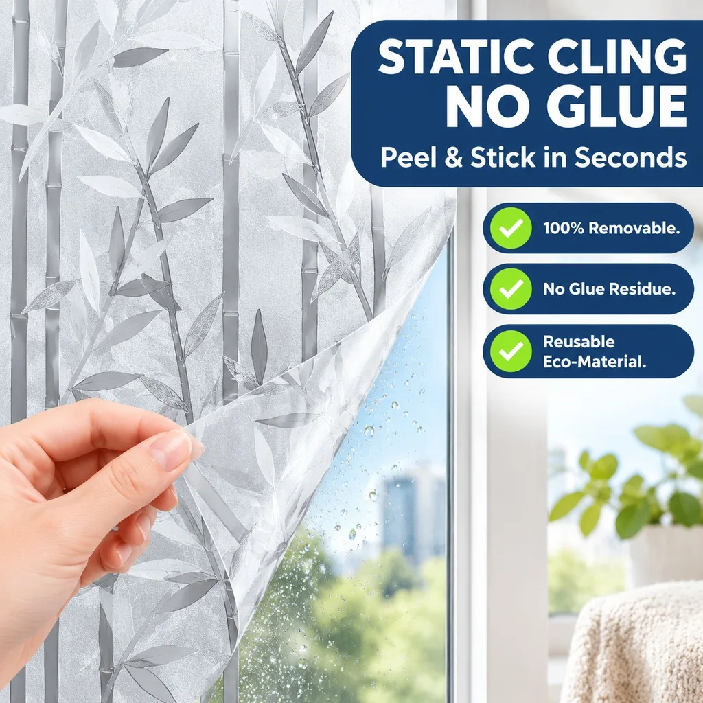 90cm x 300cm Privacy Window Film Roll Bamboo Pattern Frosted Static Cling No Glue UV Block for Bathroom Home Office