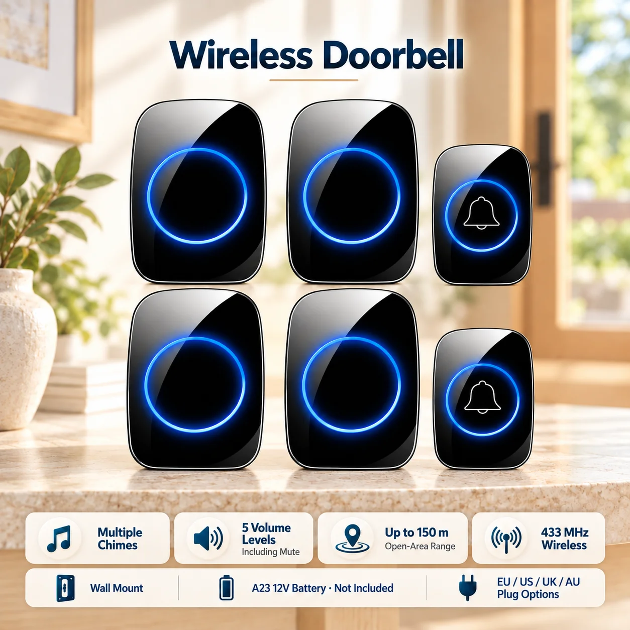 EU US UK AU Plug Wireless Doorbell Door Chime Kit Welcome Chime Home Door Bell Intelligent 58 Songs Melodies Sound And LED