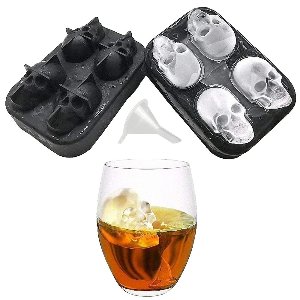 Lmetjma-3d bandeja do cubo de gelo do crânio com funil do silicone, moldes 4-cavidades, ferramentas