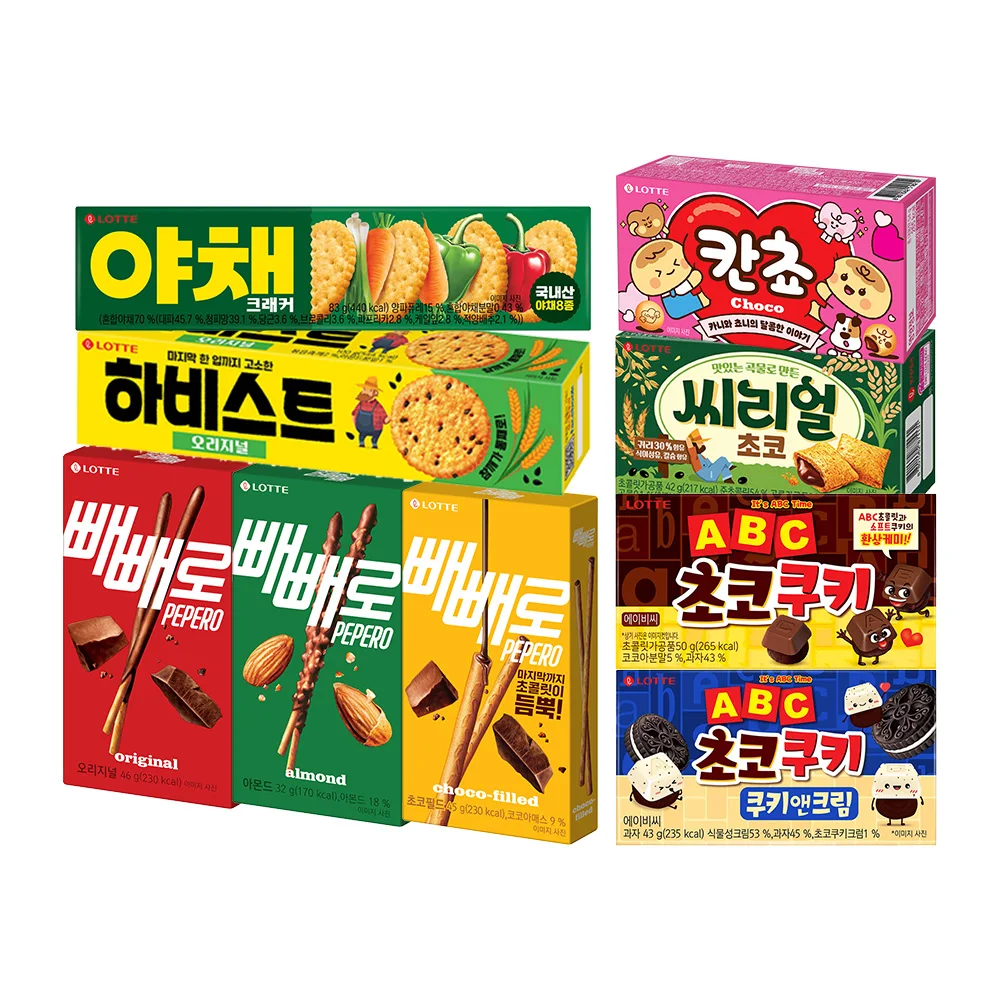 Lotte Well Food Mini Cuts Mixed 9 Kancho Real ABC Choco Cookie Pepero Vegetable Cracker Harbist